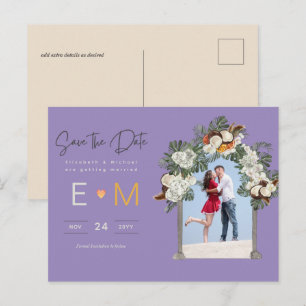 Cartão Postal Foto Casamento Economize a Data Roxo Dourado Flora