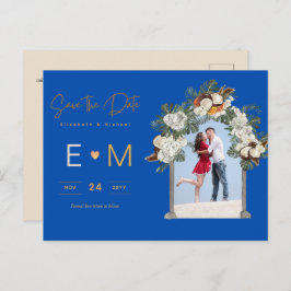 Cartão Postal Foto Casamento Salvar a Data Azul Real Floral