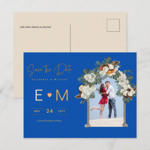 Cartão Postal Foto Casamento Salvar a Data Azul Real Floral