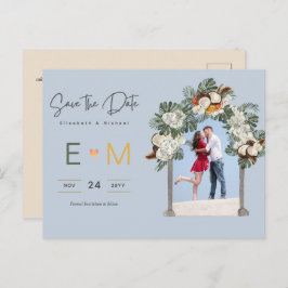 Cartão Postal Foto Casamento Salvar a Data Floral Azul Empoeirad