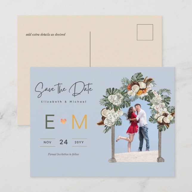 Cartão Postal Foto Casamento Salvar a Data Floral Azul Empoeirad (Frente/Verso)
