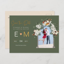 Cartão Postal Foto Casamento Salvar a Data Floral Verde Oliva