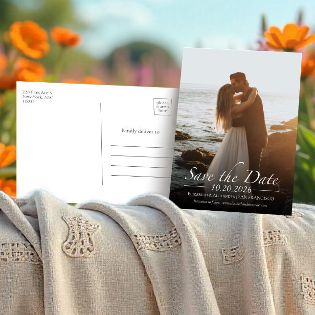 Cartão Postal Foto da caligrafia em preto e branco Salvar a data (Criador carregado)