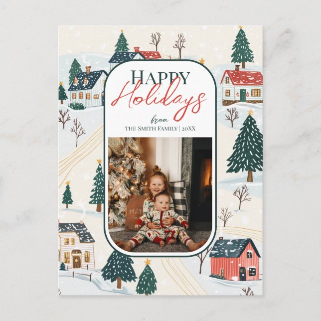 Cartão Postal Foto da família da vila de inverno de feriados fel (Frente)