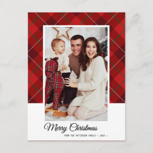 Cartão Postal Foto da Família Feliz de Natal do Red Tartan