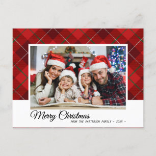 Cartão Postal Foto da Família Feliz de Natal do Red Tartan