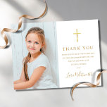 Cartão Postal Foto da Primeira Comunhão Dourada Obrigado<br><div class="desc">Apresentando o nome da assinatura do script do ouro. Personalize com sua foto e seu primeiro obrigado especial de comunhão sagrada você envia uma mensagem em letras de ouro chic nesta design na moda. Projetado por Thisnotme©</div>