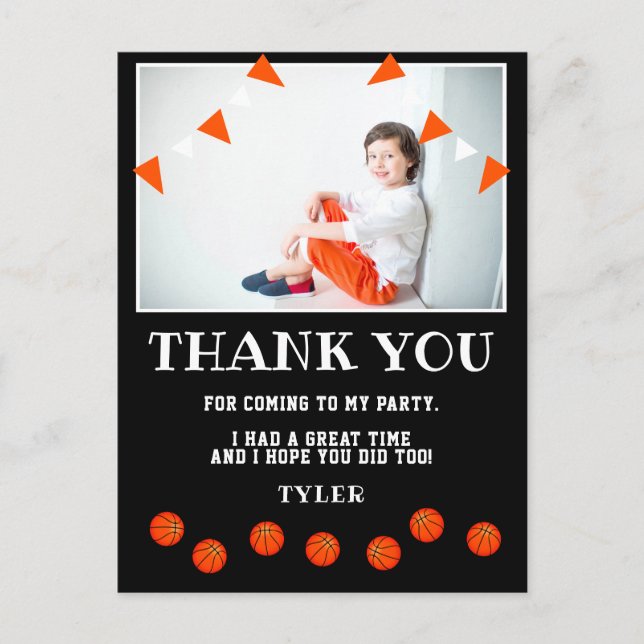 Cartão Postal Foto de Aniversário de Basquete Negro Obrigado (Frente)