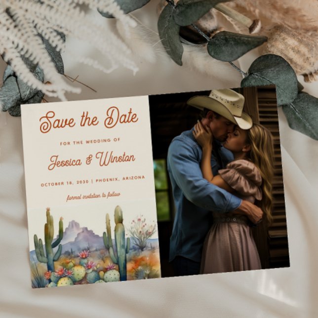 Cartão Postal Foto de Cactus do Deserto Moderno Salva a Data (Criador carregado)