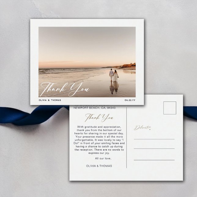 Cartão Postal Foto De Casamento Da Praia Azul Marinho Náutica Ob (nautical navy beach wedding photo thank you postcard modern romantic elegant bohemian summer winter)