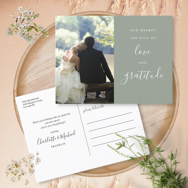Cartão Postal Foto De Casamento Do Sage Green - Obrigado (Sage Green Script Photo Wedding Thank You Postcard)