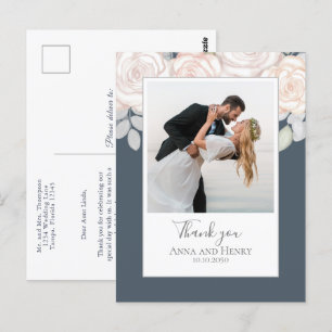 Cartão Postal Foto De Casamento Elegante Obrigado Cinza Floral