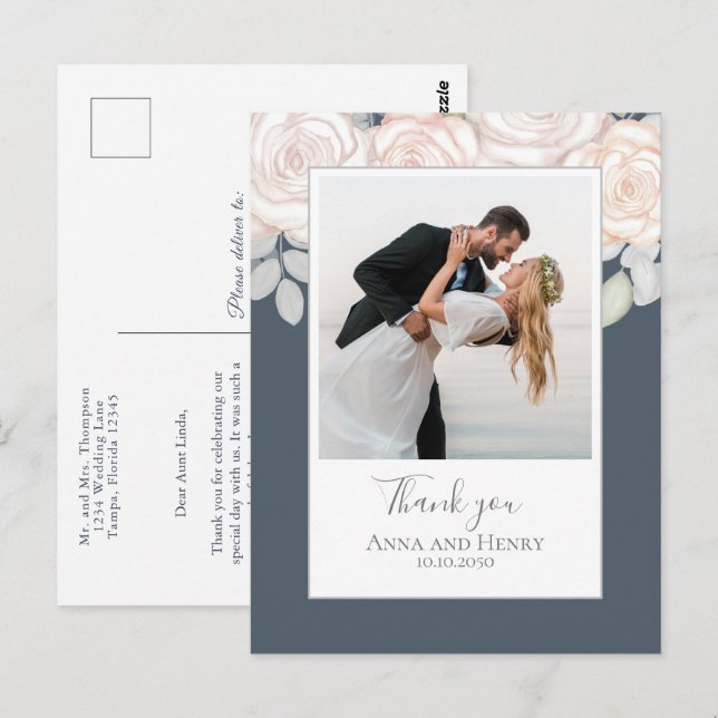 Cartão Postal Foto De Casamento Elegante Obrigado Cinza Floral (Frente/Verso)