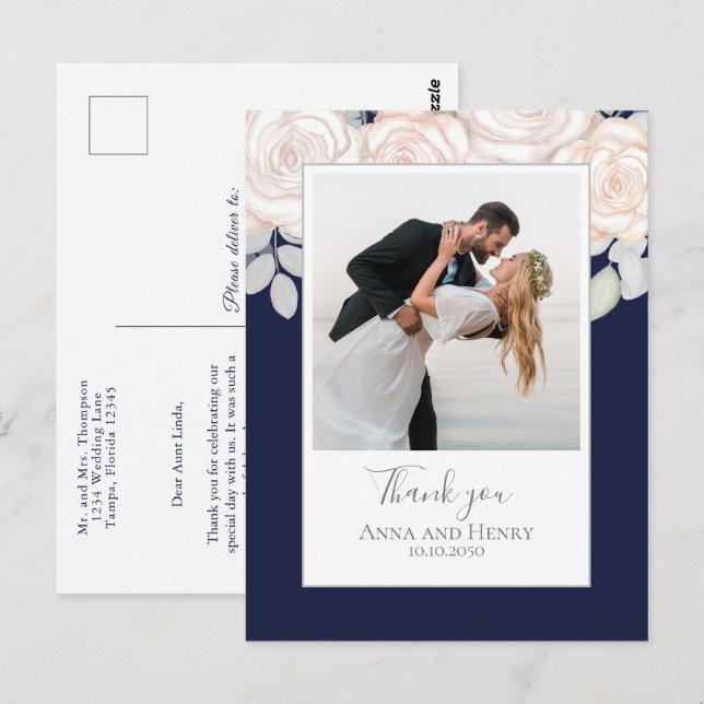 Cartão Postal Foto De Casamento Elegante Obrigado Marinho Azul (Frente/Verso)