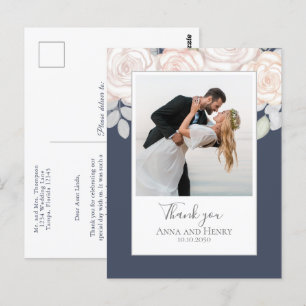 Cartão Postal Foto De Casamento Elegante Obrigado Slate Blue