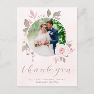Cartão Postal Foto De Casamento Floral Rosa Rosa Elegante Obriga