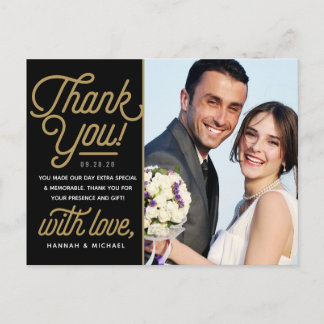 Cartão Postal Foto de casamento moderna retrô de ouro agradecend