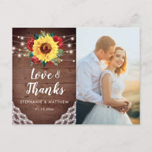 Cartão Postal Foto de Casamento Rustic Sunflower Lace - Obrigado