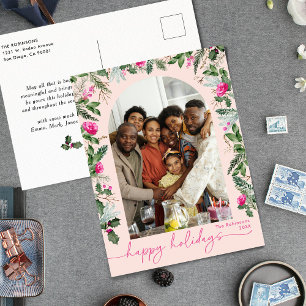 Cartão Postal Foto de feriados felizes do Bright Pink Greenery A