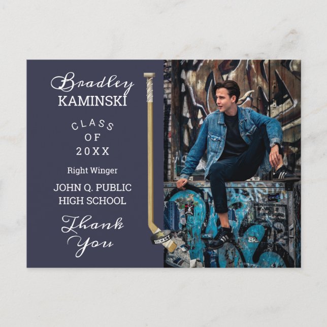 Cartão Postal Foto De Graduação Do Jogador De Hóquei Obrigado Po (Frente)