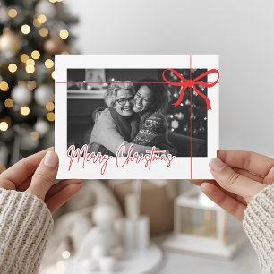 Cartão Postal Foto de Natal Alegre com Laço Vermelho Moderno