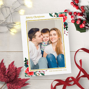 Cartão Postal Foto de Natal Alegre Floral Aquarela Vermelha