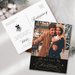 Cartão Postal Foto de Natal Feliz e Dourado Romântico<br><div class="desc">Este cartão-postal de Natal com uma elegante e romântica caligrafia suave com pinecone twigs,  estrelas e mensagem de texto personalizada no verso. Para uma personalização mais avançada deste design,  clique no BOTÃO FERRAMENTA DESIGN AZUL acima!</div>