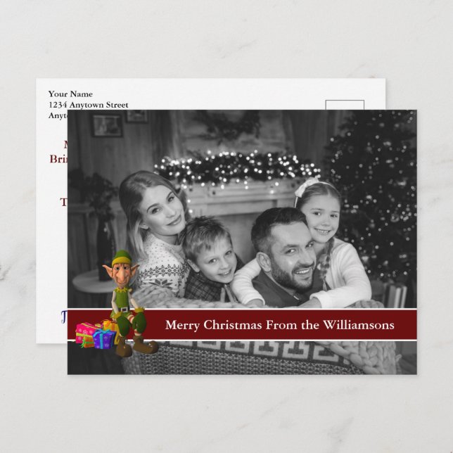 Cartão Postal Foto de Natal Preto e Branco Automático com Elf Di (Frente/Verso)