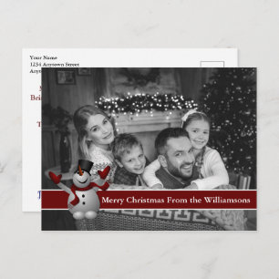 Cartão Postal Foto de Natal Preto e Branco Automático com Snowma