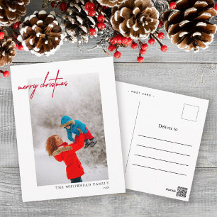 Cartão Postal Foto de Natal Simples Vermelho Branco