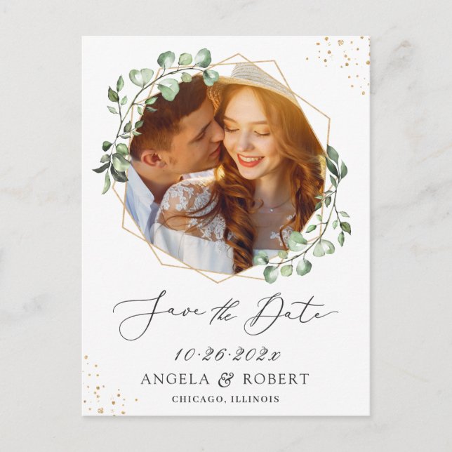 Cartão Postal Foto de quadro geométrico Eucalyptus Salvar a Data (Frente)