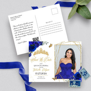 Cartão Postal Foto de Quinceañera com Tiara Azul Real e Dourado