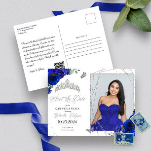 Cartão Postal Foto de Quinceañera com Tiara Azul Real e Prata