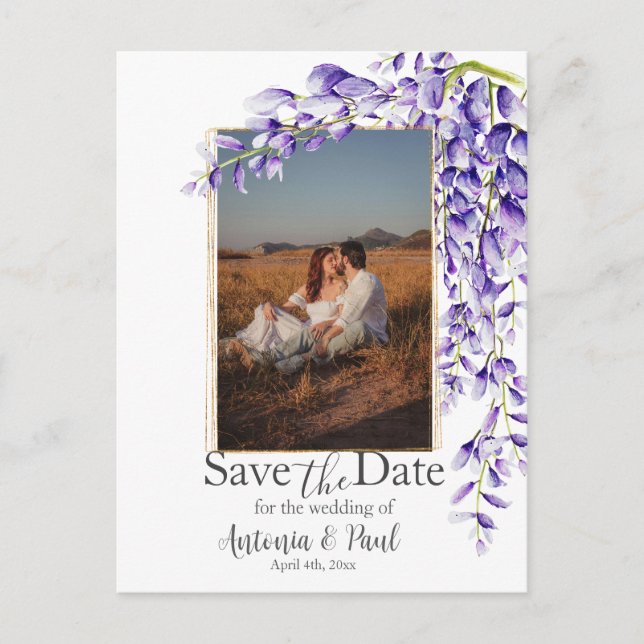 Cartão Postal Foto de Salvar a Data de Flores de Wisteria em Aqu (Frente)