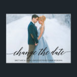 Cartão Postal Foto De Script De Caligrafia Moderna Altera A Data<br><div class="desc">Script de Caligrafia Moderna Muda A Data do Cartaz de Foto do Casal Adiado</div>