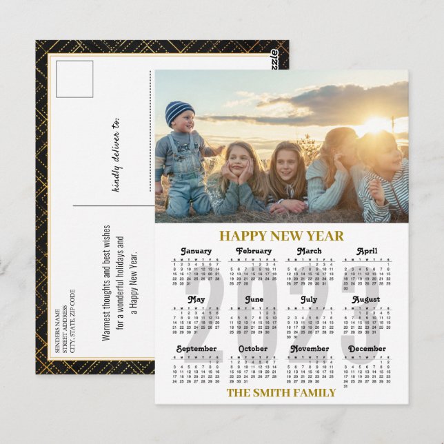 Cartão Postal Foto de Script Dourado e Preto do Calendário 2023 (Frente/Verso)