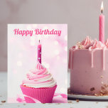 Cartão Postal Foto do Cupcake rosa bonito Feliz Aniversário<br><div class="desc">Envie doces desejos de aniversário com este belo cartão-postal de cupcake rosa. A fotografia do bolo apresenta uma sobremesa fofa com uma vela de solteiro debaixo do seu roteiro personalizado de Feliz Aniversário.</div>