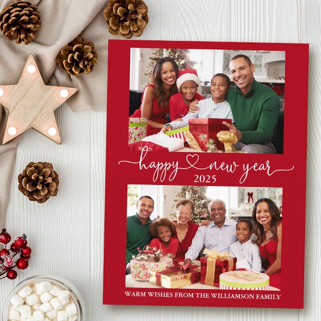 Cartão Postal Foto do Feliz ano novo vermelho 2 da caligrafia (Customize to change your personalized text size or text style.)