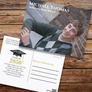 Cartão Postal Foto do formando preto simples e Dourado moderno