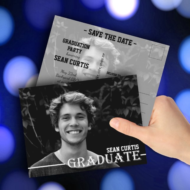 Cartão Postal Foto do formando Salvar a Data (Photo graduation Save the Date postcards feature your details on the back)