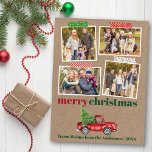 Cartão Postal Foto do Kraft de Natal de caminhão vermelho com fi<br><div class="desc">O Cartão Postal de Feriado de Colagem de Foto Feliz Natal 4 inclui Fita de Artesanato e Caminhão Vermelho de Vintage com Cores Aquáticas com Árvore de Natal. Rustic Kraft Paper.</div>