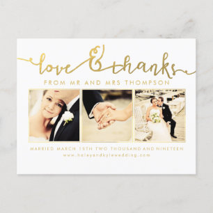 Cartão Postal Foto do Script de Amor e Obrigados Dourado Branco