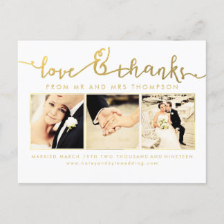 Cartão Postal Foto do Script de Amor e Obrigados Dourado Branco