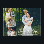 Cartão Postal Foto Do Script De Pincel 4 Altera A Data<br><div class="desc">Modern Brush Script Change The Date Wedding Postponed Casal 4 Photo Collage Postcard</div>