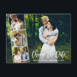 Cartão Postal Foto Do Script De Pincel 4 Altera A Data Nova Data<br><div class="desc">Modern Brush Script Change The Date Wedding Postpond New Wedding Date Casal 4 Photo Collage Postcard</div>