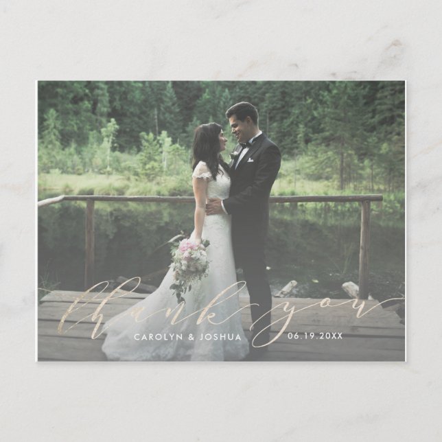 Cartão Postal Foto Dourada do Script de Caligrafia Obrigado Faux (Frente)