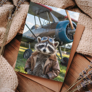 Cartão Postal Foto Engraçada de Avião Piloto Guaxinim Aniversári