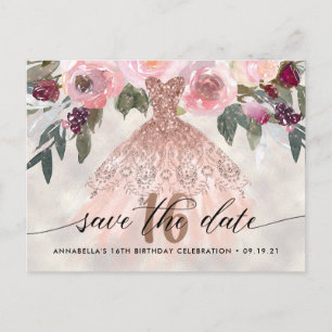 Cartão Postal Foto Floral da Moda Save The Date Doce 16