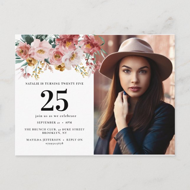 Cartão Postal Foto idade floral editável aquarela feminina (Frente)