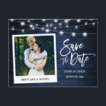 Cartão Postal Foto Instantânea Escova Madeira Azul Salva A Data<br><div class="desc">Script de Pincel Moderno,  Estilo de Câmera Instantânea,  Foto Do Casal Salvar O Cartão-Postal De Anúncio Do Noivado De Foto - Madeira Azul Do País Russo,  Luzes De Cordas</div>